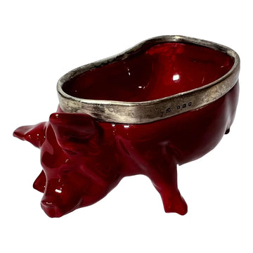 1922 Vintage Art Deco Royal Doulton Flambe Rouge Red Pig With Sterling Silver Rim