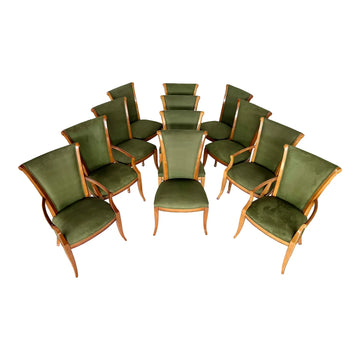 1980s Set of 12 Maple Dining Chairs With Olive Green Suede Upholstery