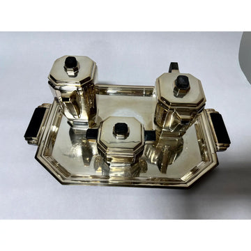 4 Pc 1930s French Art Deco Silver-Plated Tea Set With Ebony Handles & Tray