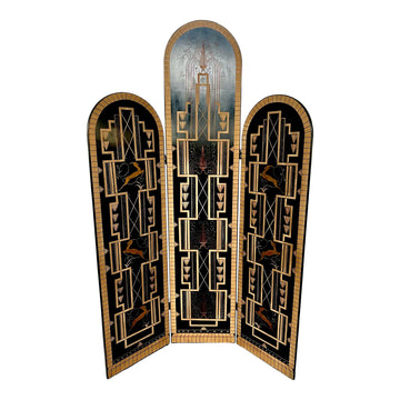 Mid 20th Century Art Deco Gilt and Black Lacquer 3-Panel Divider Screen